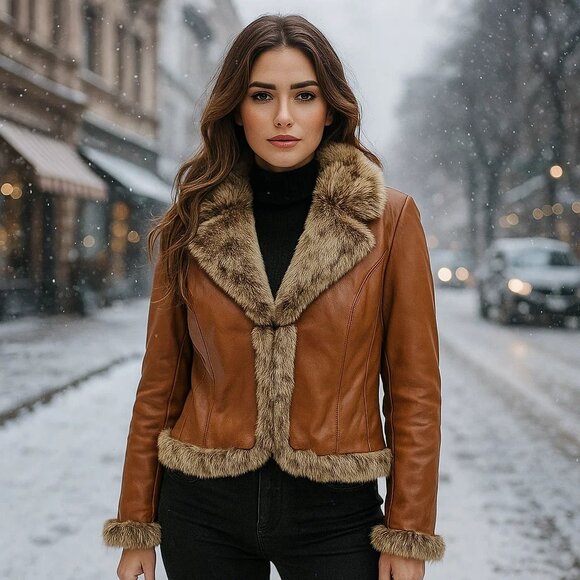 One Girl Who Brown Leather Y2K Western Fur Afghan Penny Lane Jacket Coat MobWife - Picture 1 of 13